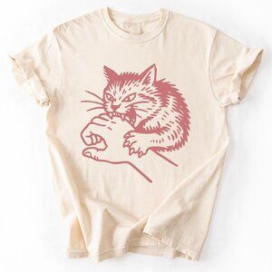 Funny Cat Biting Hand T-Shirt – Cat Lover Graphic Tee
